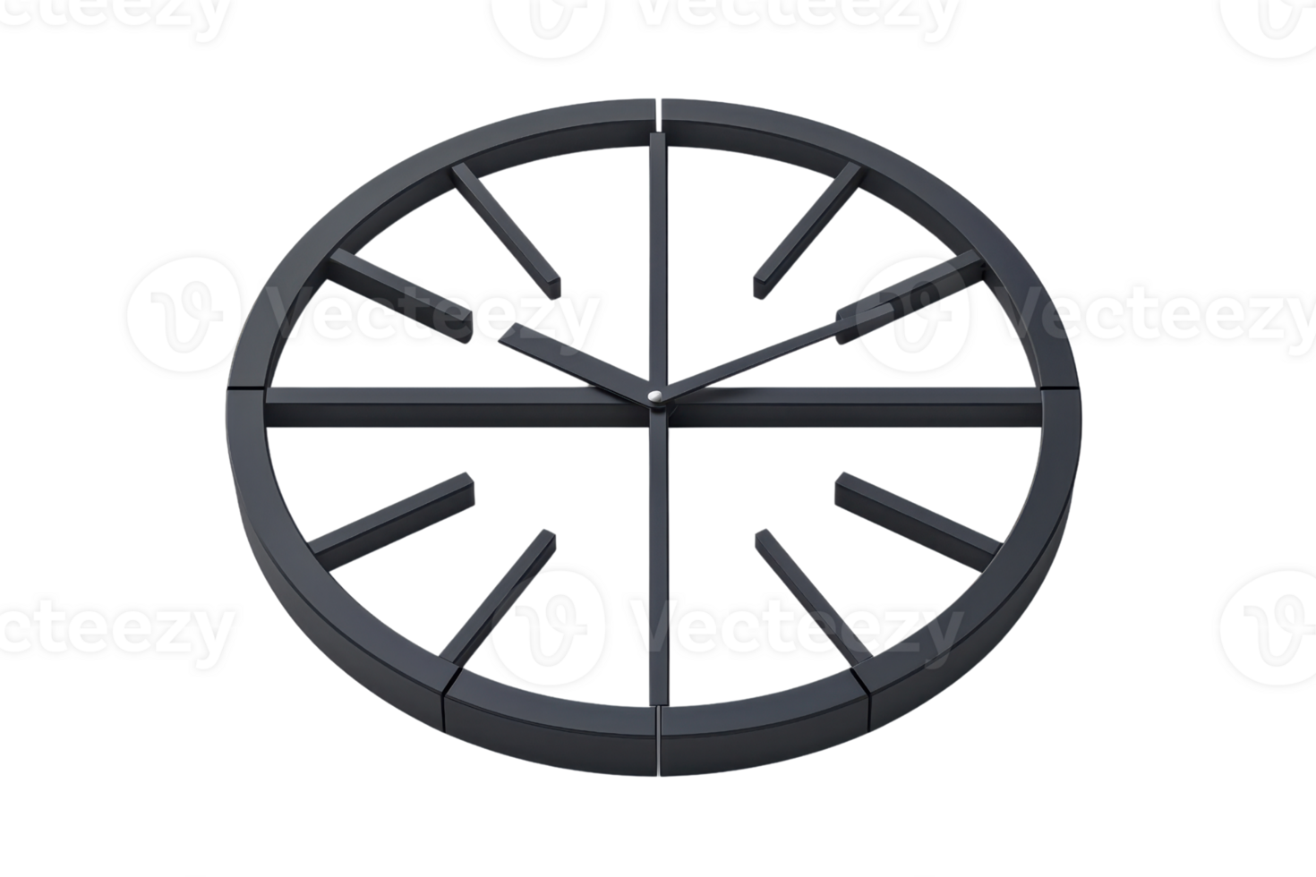 A modern, minimalist clock features a circular design with protruding hour markers and sleek hands, emphasizing its contemporary aesthetic. png