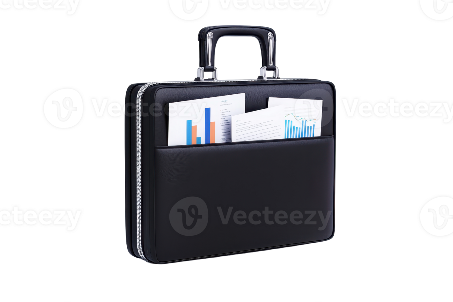 A sleek black briefcase containing documents and graphs, representing professionalism and organization. png