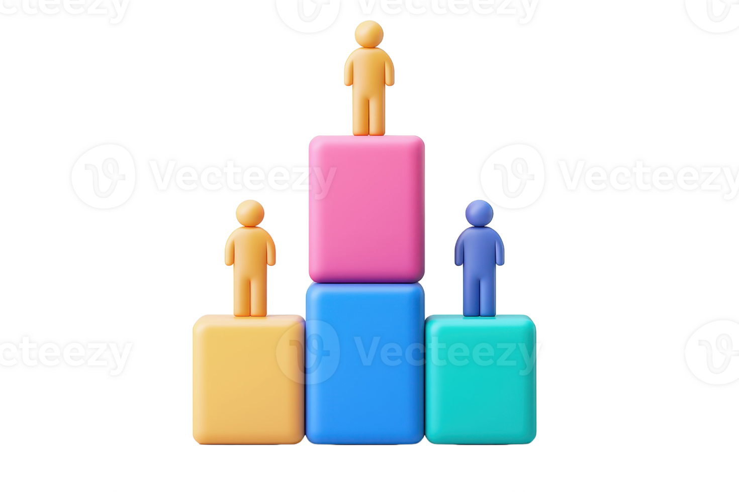 Three colorful blocks support three figurines, symbolizing achievement and competition in a playful arrangement. png