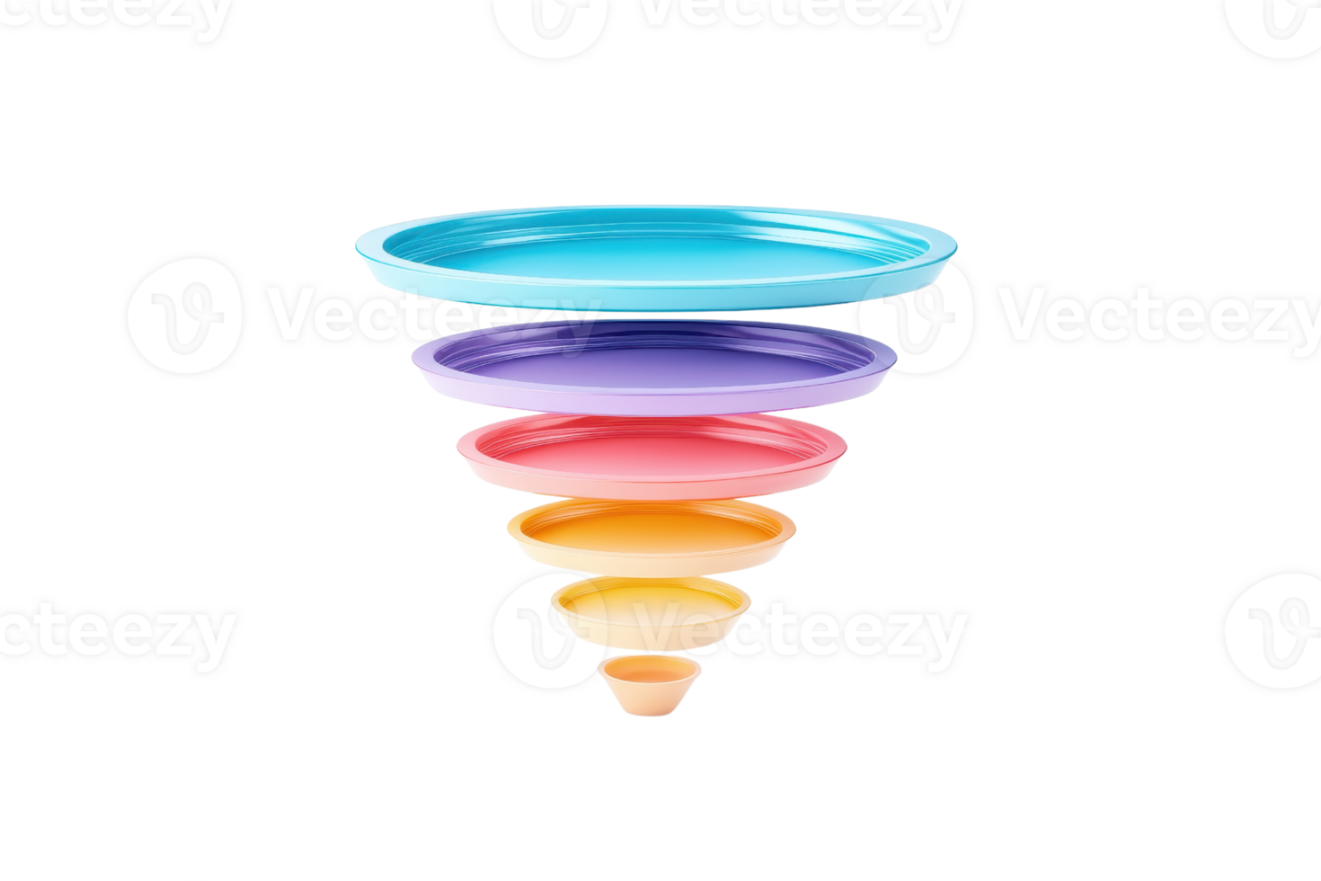 A colorful spiral of plates arranged from largest at the top to smallest at the bottom, showcasing a gradient of vibrant hues. png