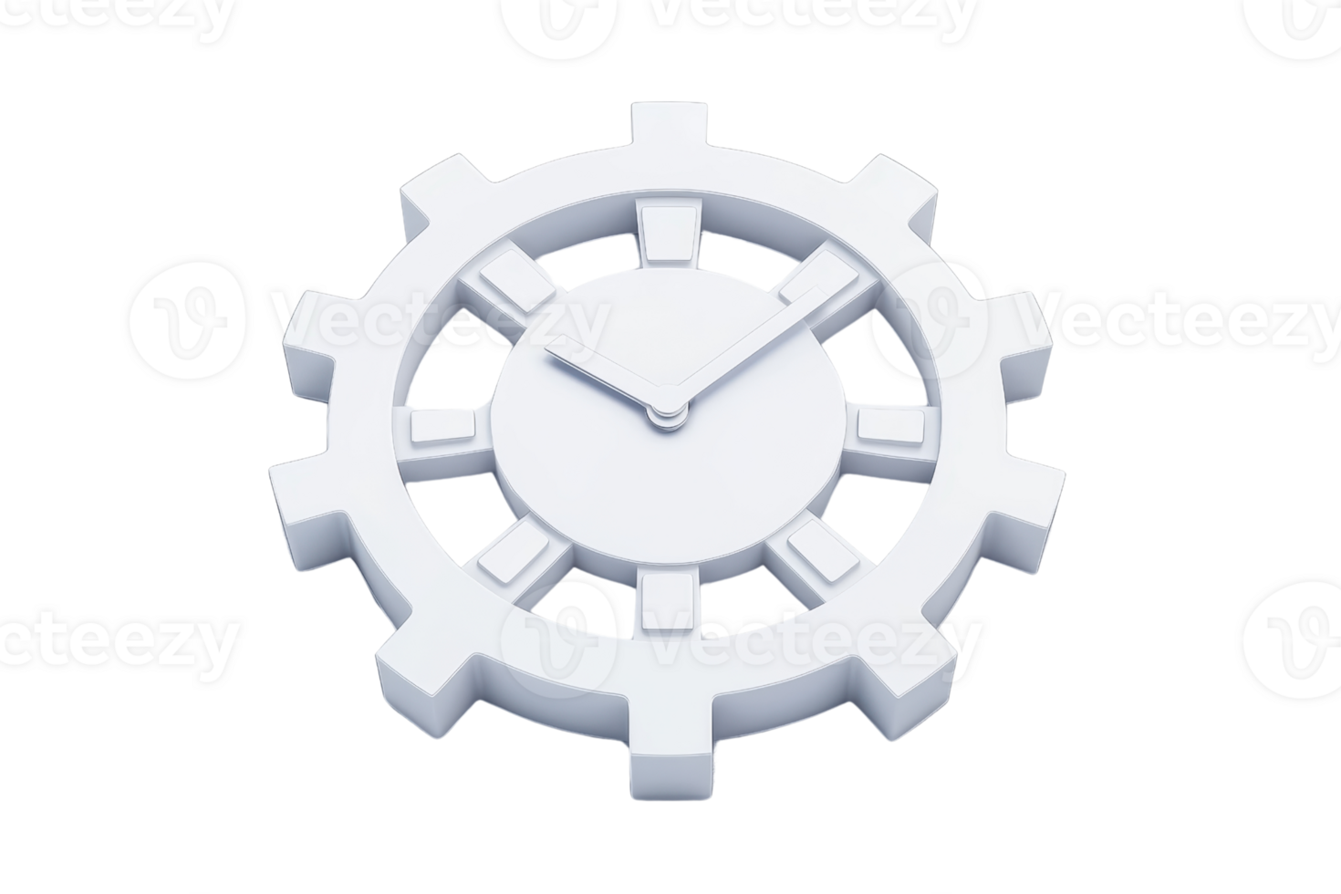 A white gear-shaped clock featuring simple hands, showcasing a unique design that combines functionality with artistic flair. png