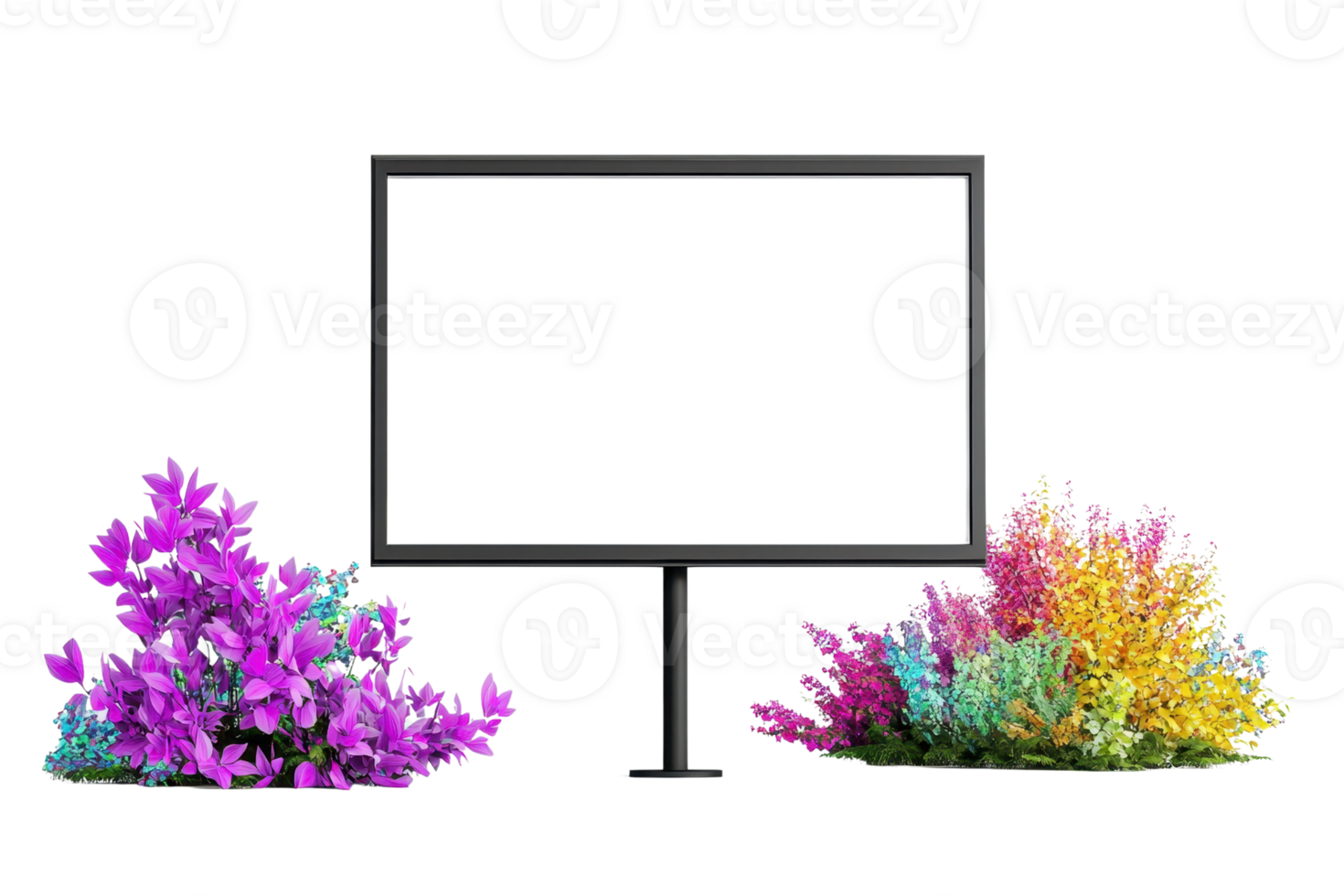 A black monitor stands centrally, flanked by vibrant pink and colorful foliage, creating a visually striking composition. png