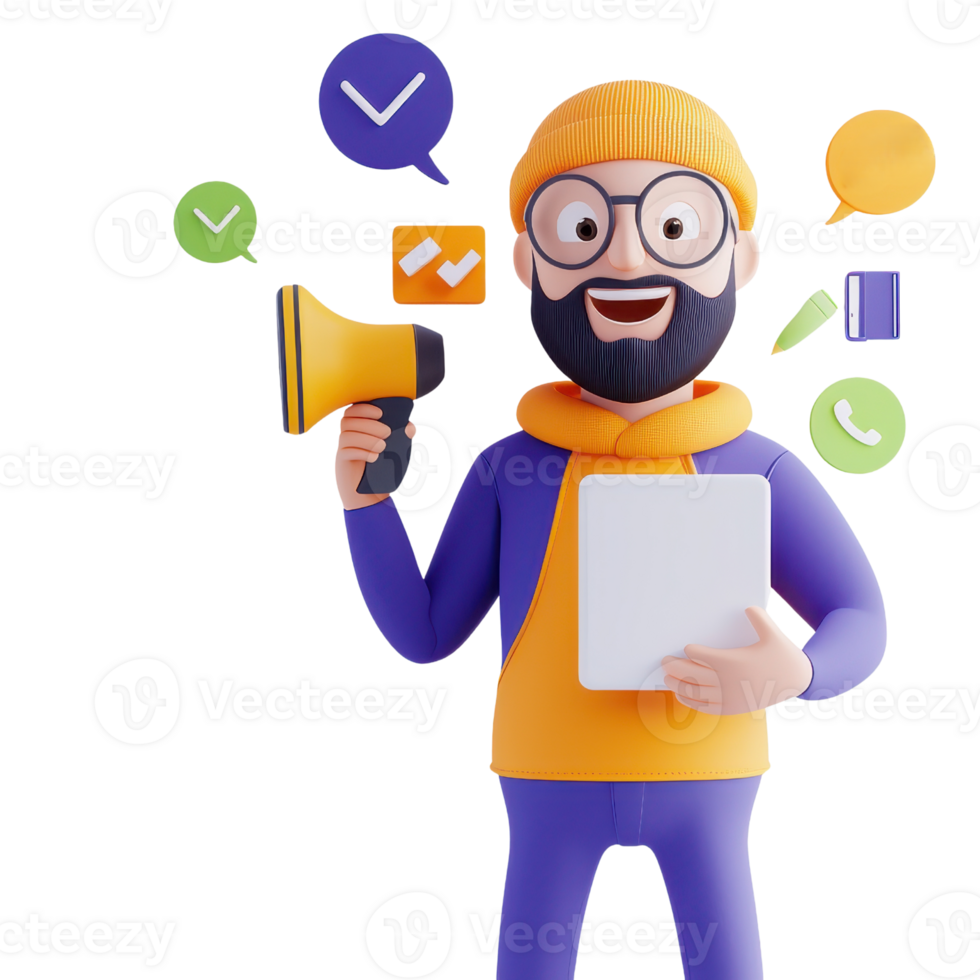 A cheerful character holding a tablet and a megaphone, surrounded by icons symbolizing communication and notifications. png