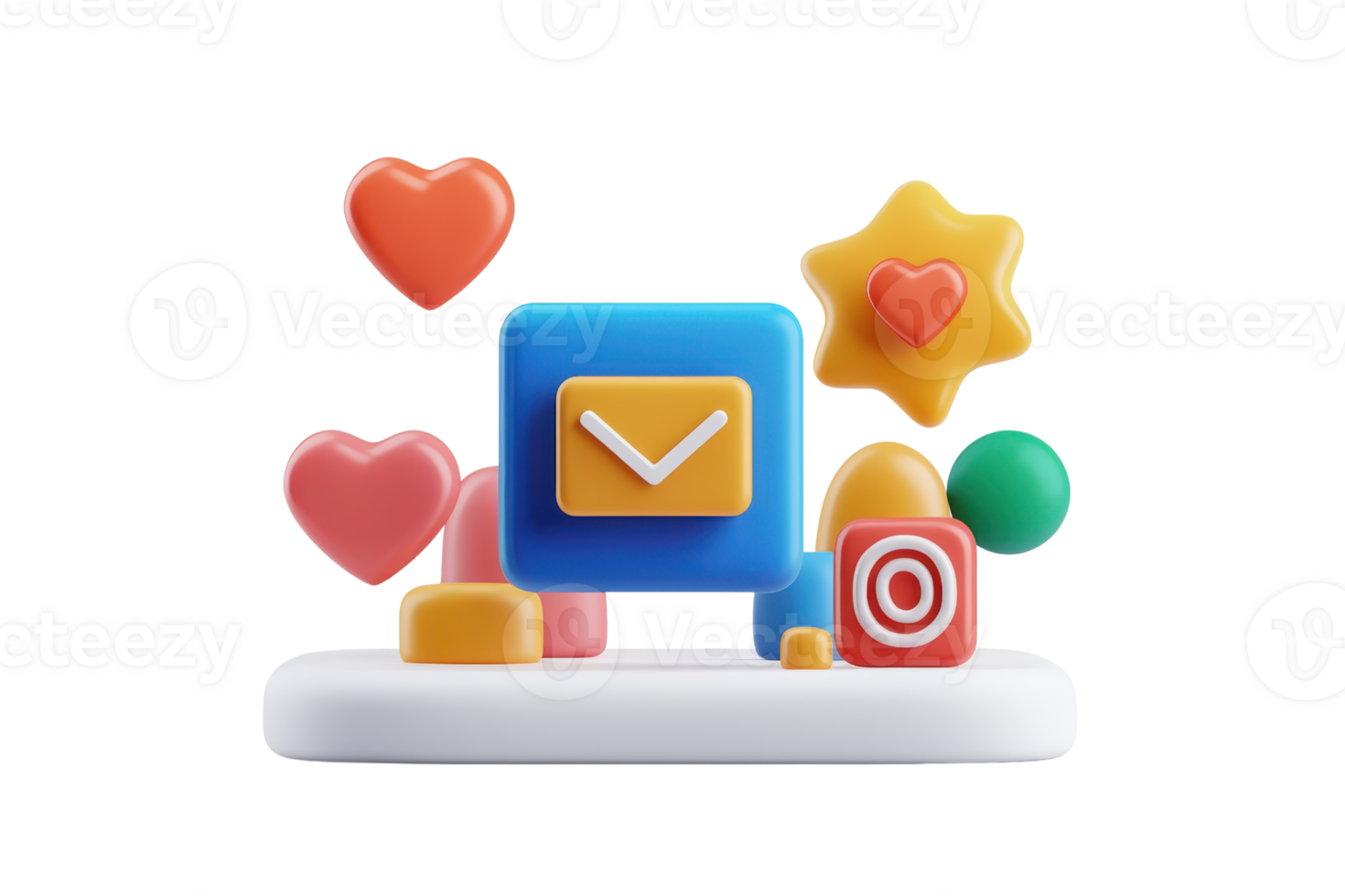 A colorful arrangement of various geometric shapes and symbols, including hearts, stars, and a message icon, showcasing a playful design aesthetic. png