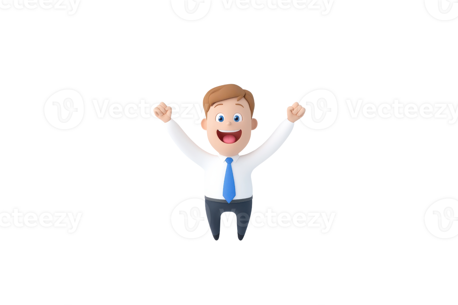 A cheerful cartoon character with a blue tie and white shirt, expressing excitement with raised arms. png