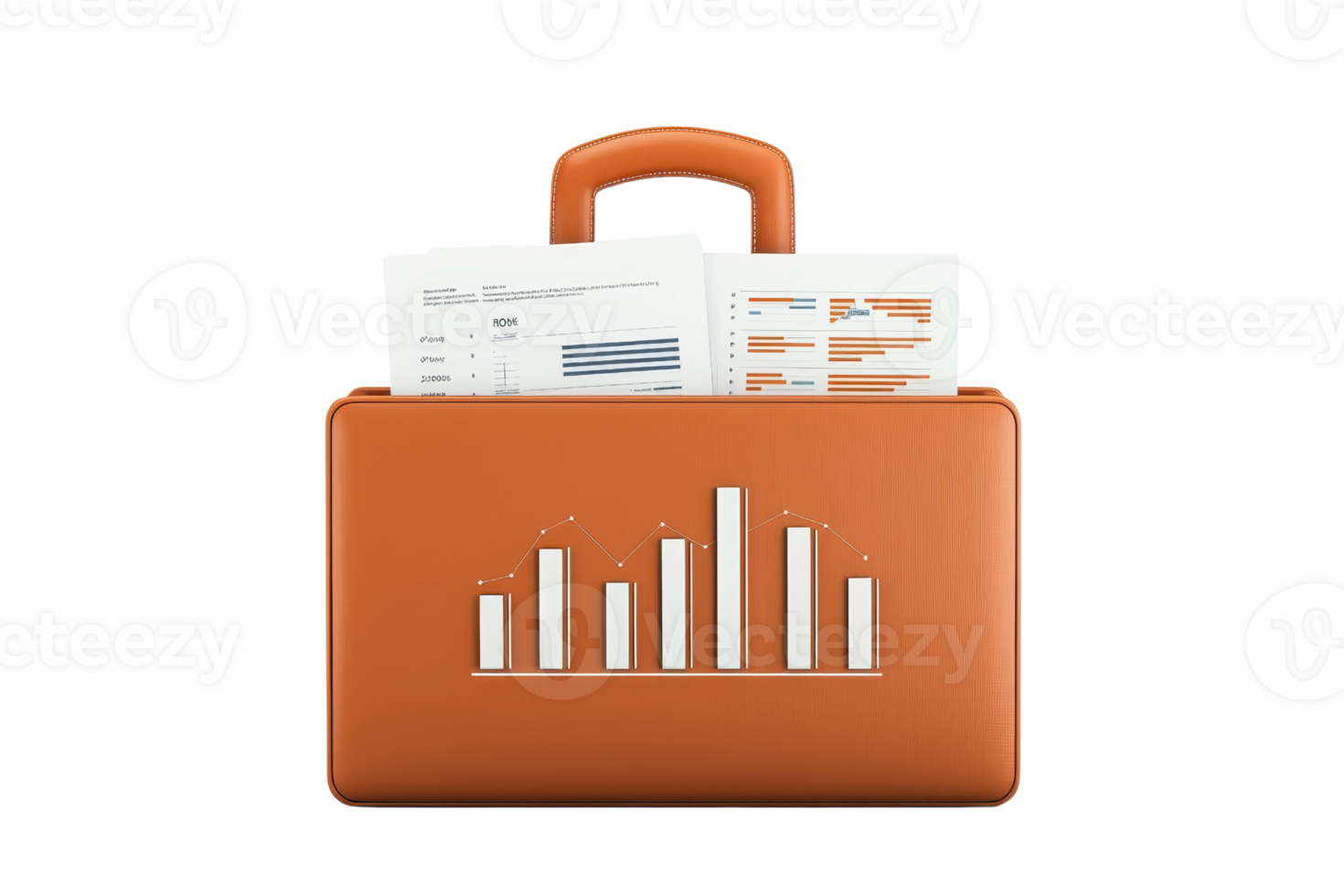 An orange briefcase with financial documents and a bar graph design, symbolizing business and data analysis. png