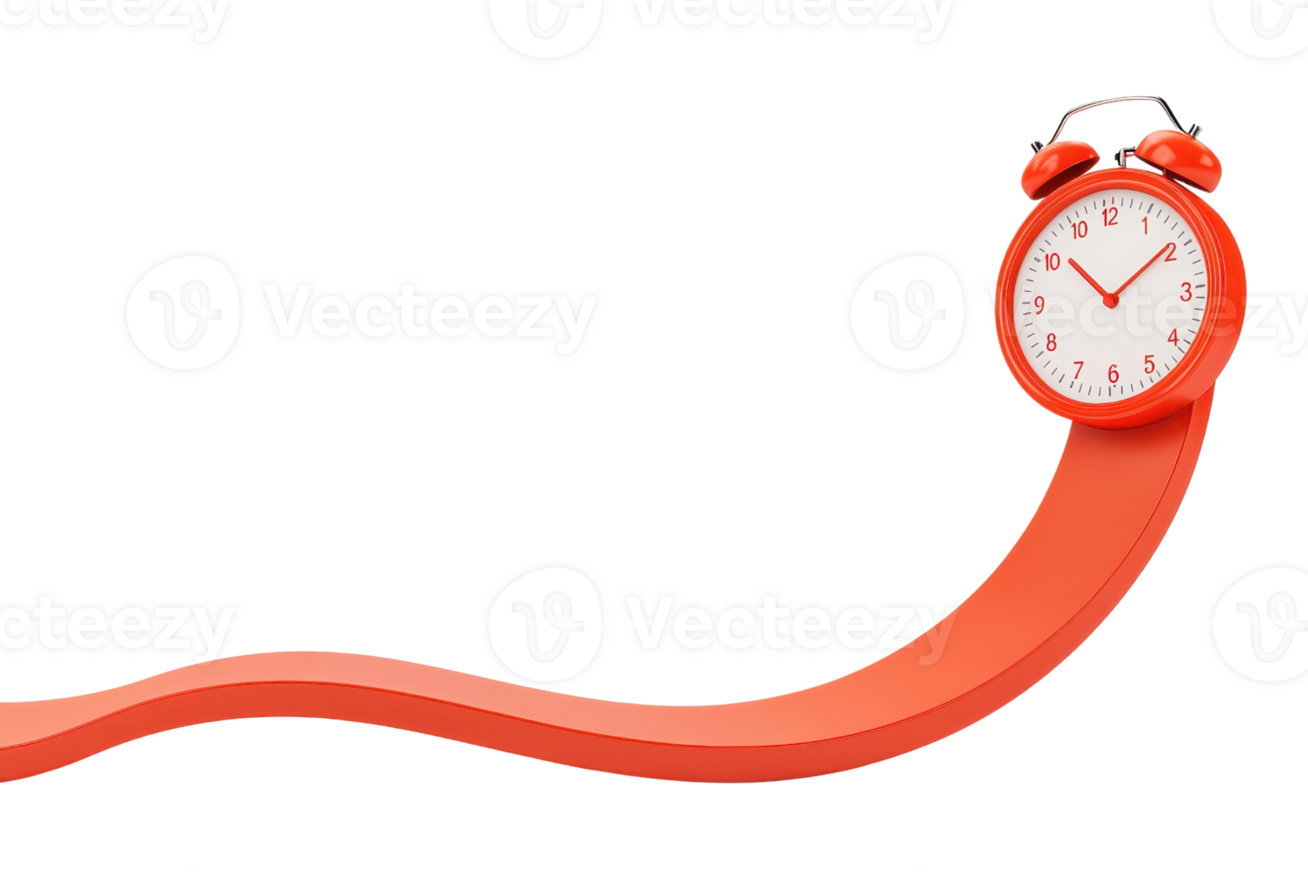 A vibrant red alarm clock with a curved body, showcasing its round face and traditional bell design. png