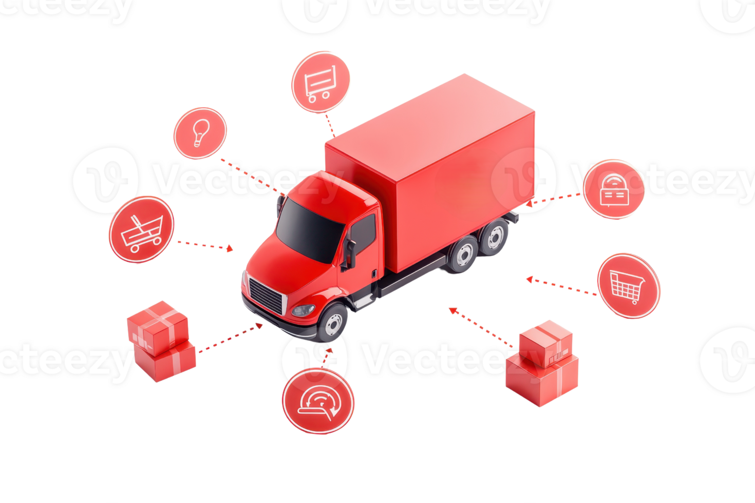 A red delivery truck surrounded by icons representing logistics, shopping, and shipping services. png