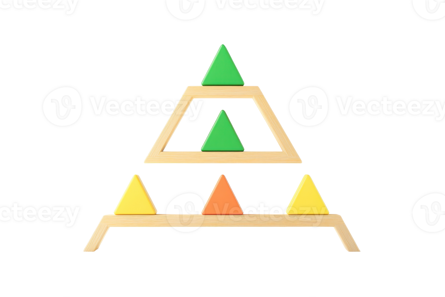 A geometric design featuring stacked triangles in various colors, arranged symmetrically within a wooden framework. png