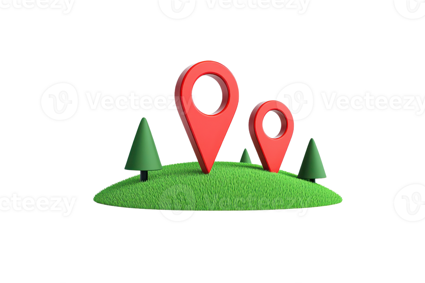 Two red location pins are positioned on a grassy hill, symbolizing navigation and geographic markers. png