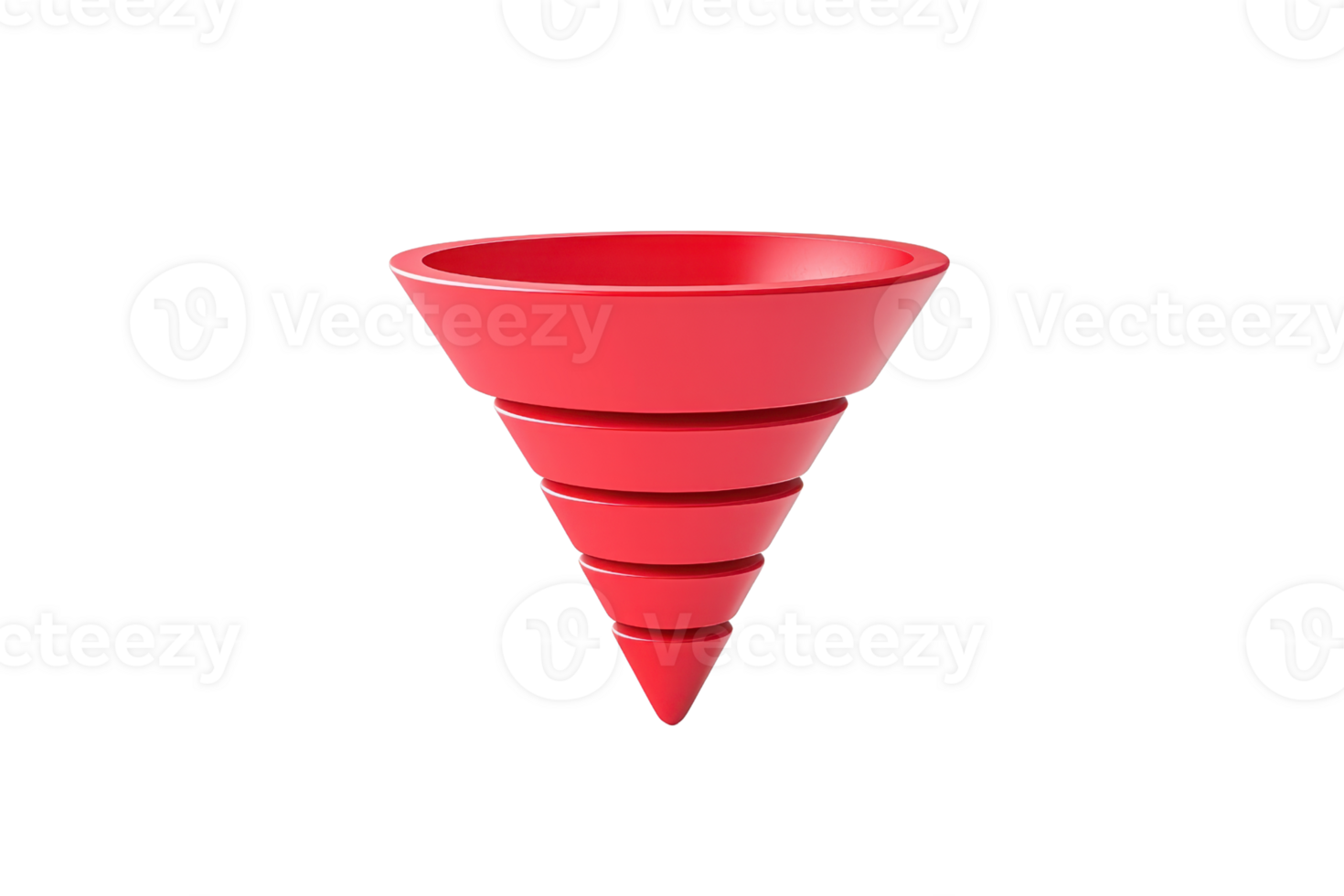 A red funnel with a conical shape, featuring horizontal ridges, designed for pouring liquids or small solids. png