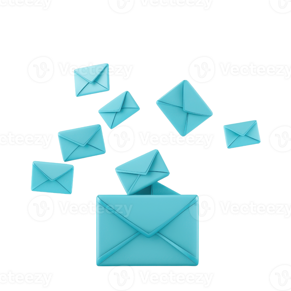 A collection of teal envelopes floating in various positions, showcasing a playful arrangement of mail items. png