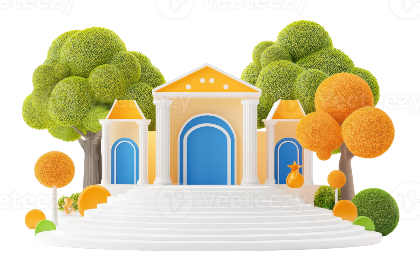 A vibrant, stylized architectural structure with colorful trees and a staircase leading to it. png