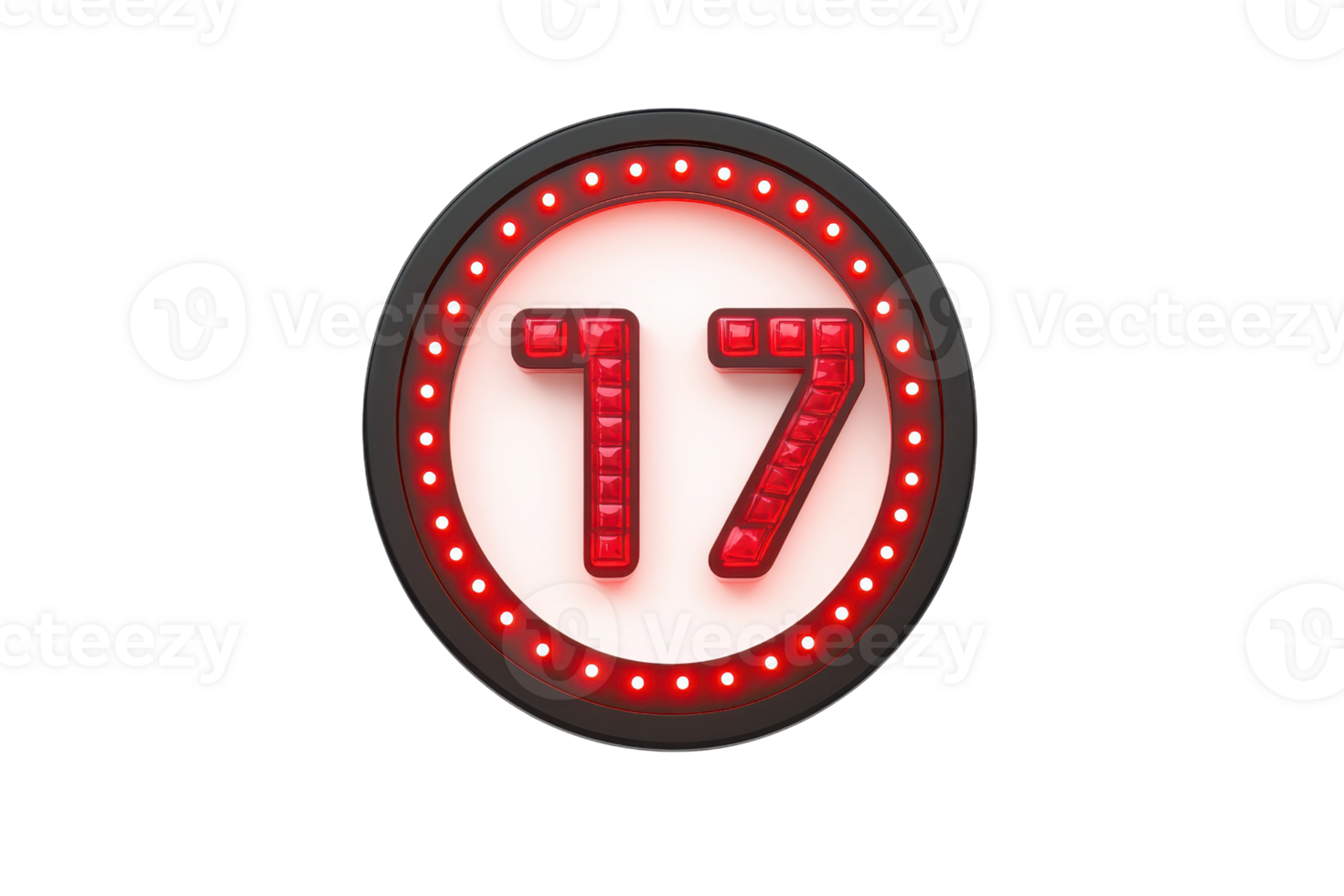 A circular sign featuring the number 17 illuminated with red lights. png