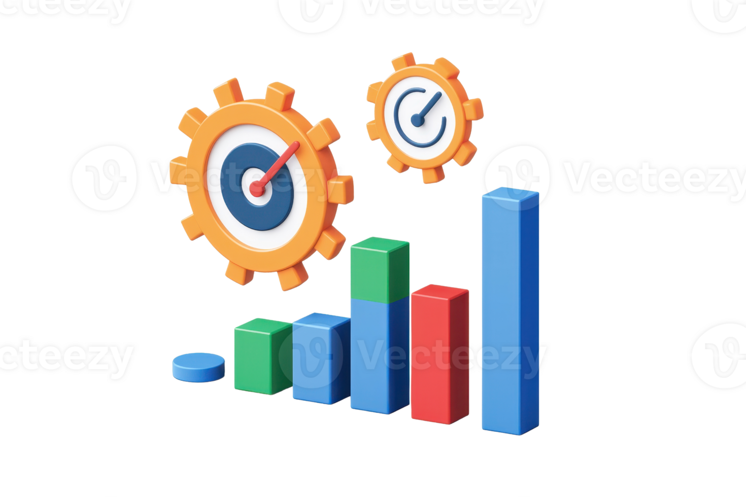 A colorful bar chart with gears and targets, symbolizing growth and productivity in performance metrics. png