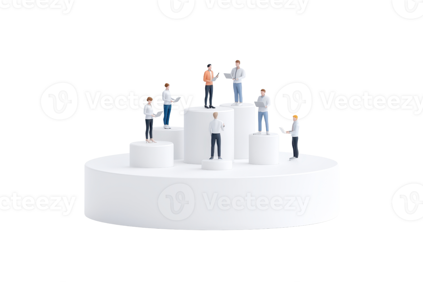 Miniature figures stand on a set of white podiums, representing achievement and competition in a dynamic arrangement. png