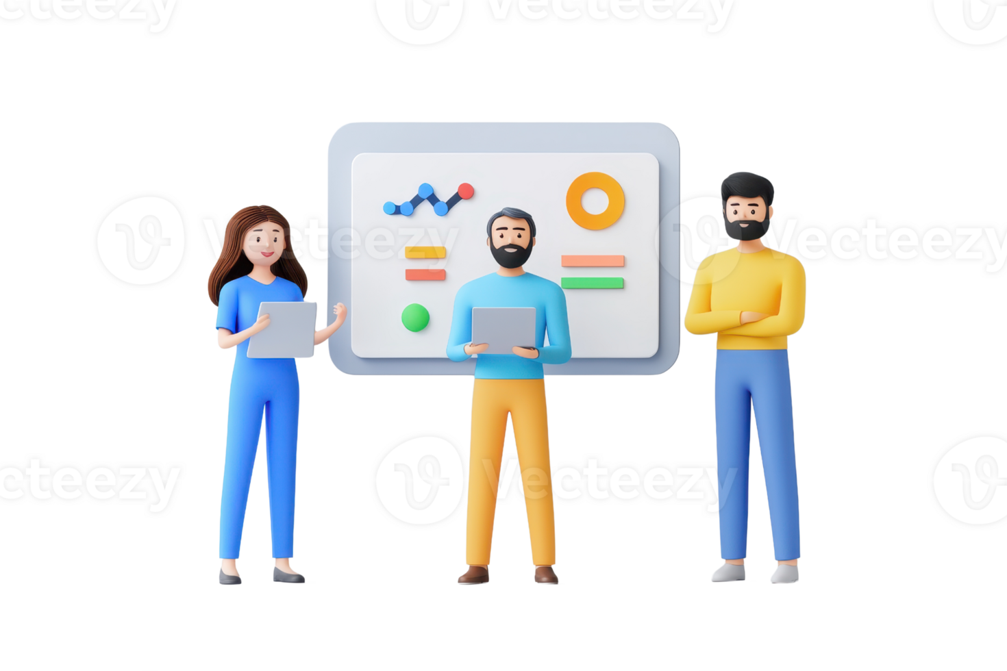 Three individuals present data insights using digital devices, showcasing collaboration and analysis in a modern setting. png
