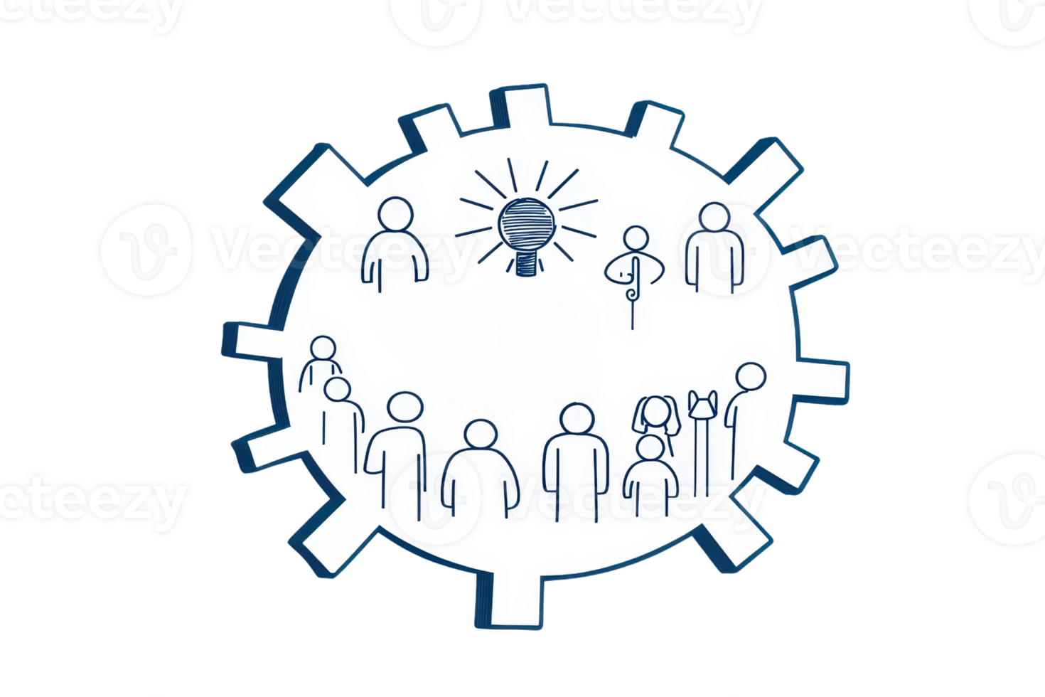 A circular arrangement featuring stylized figures with a central spotlight, symbolizing communication and collaboration. png
