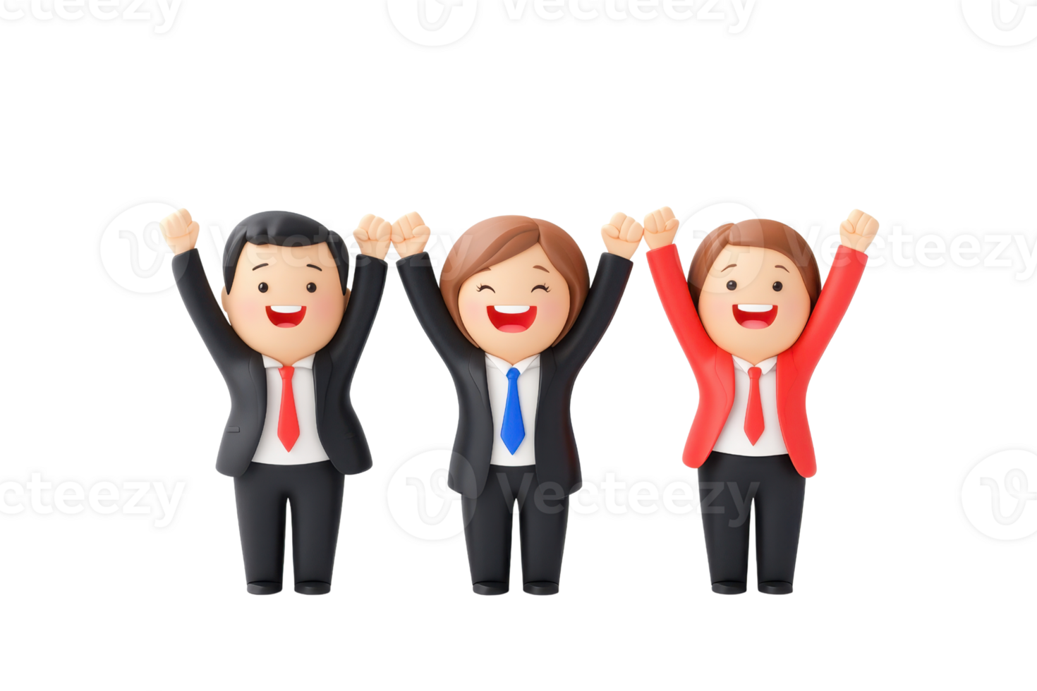 Three cheerful cartoon figures in professional attire celebrate with raised arms. png