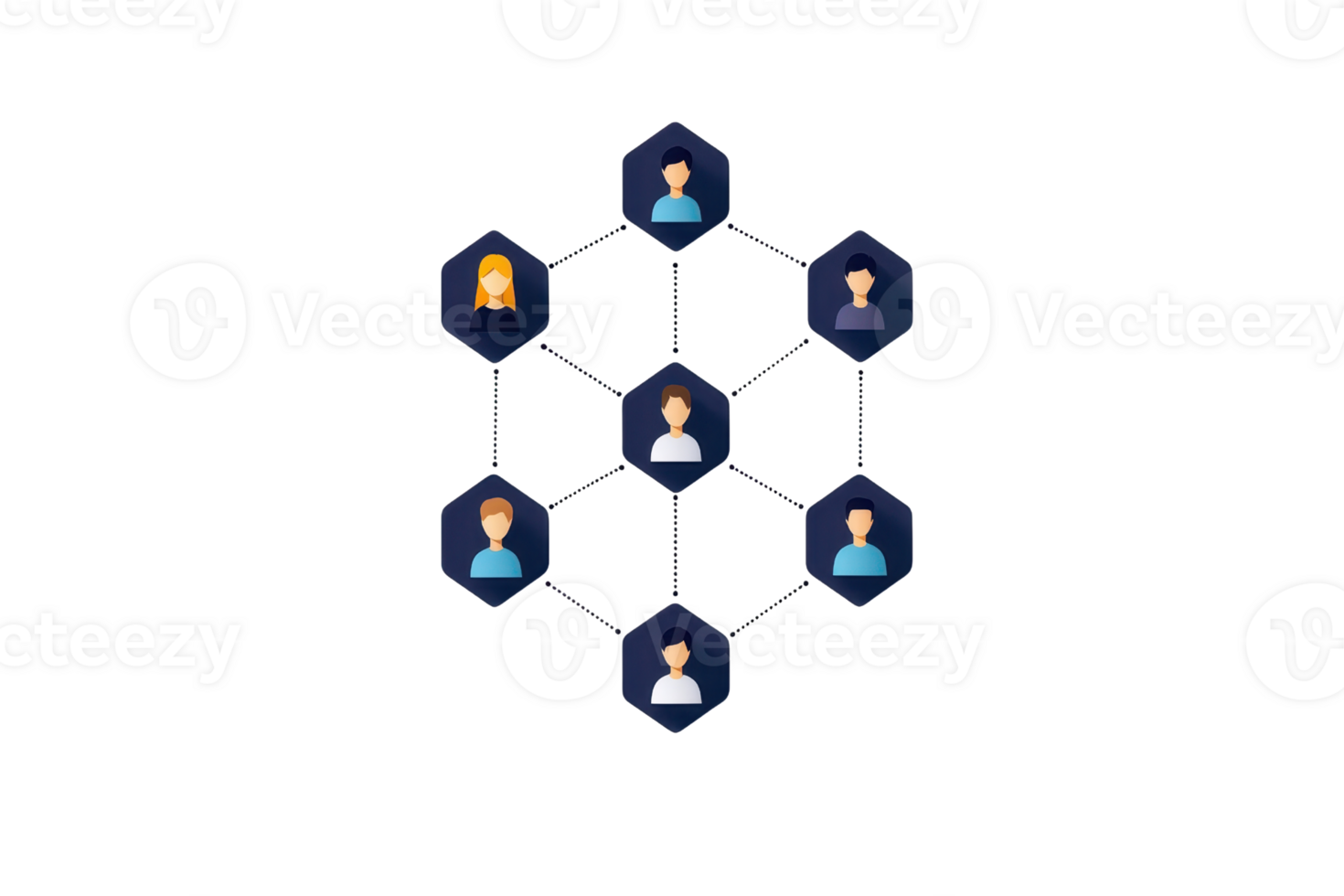 A network of interconnected user avatars arranged in a hexagonal pattern, showcasing individual profiles. png
