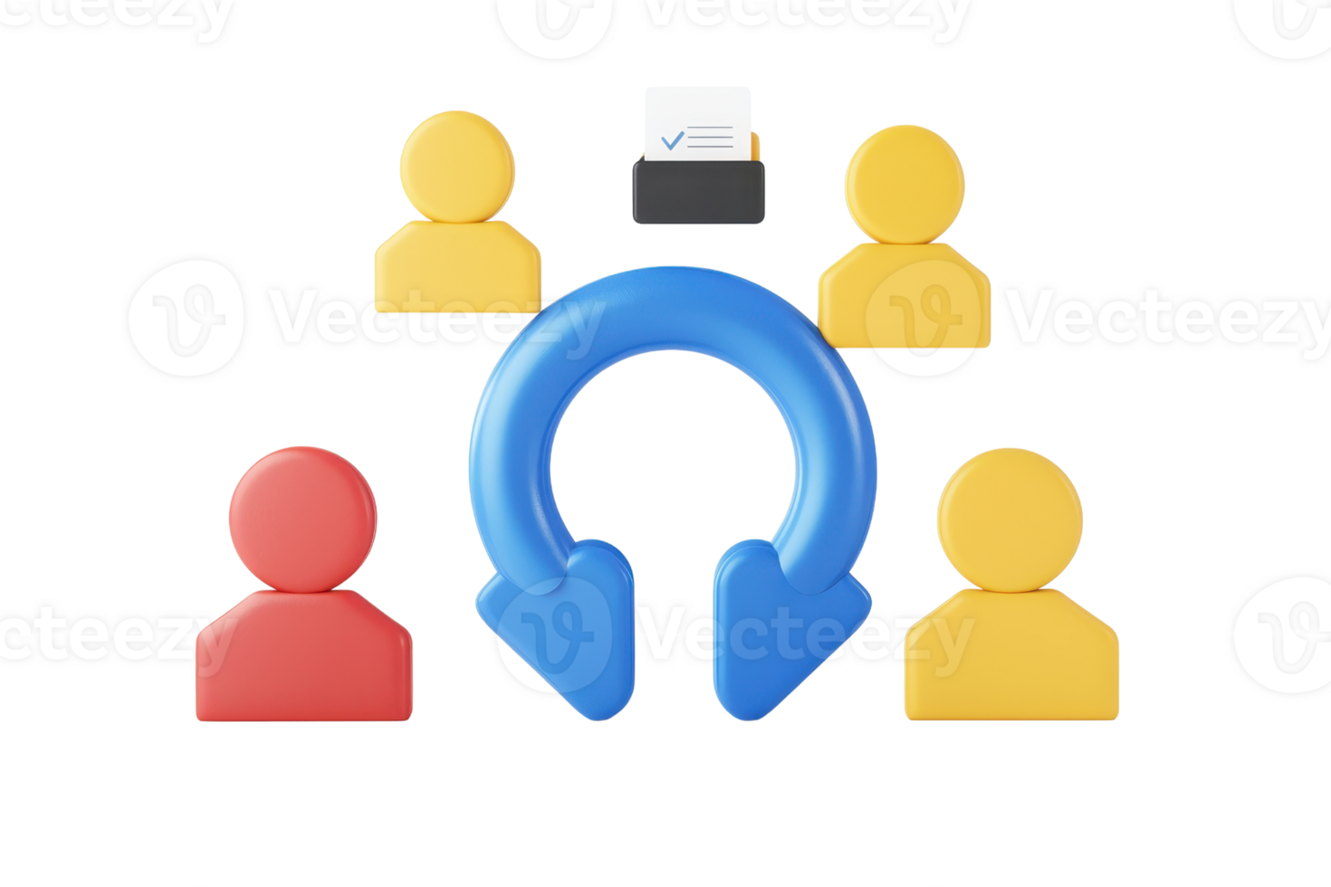 A circular blue arrow surrounded by colored user icons, symbolizing collaboration or feedback in a group setting. png