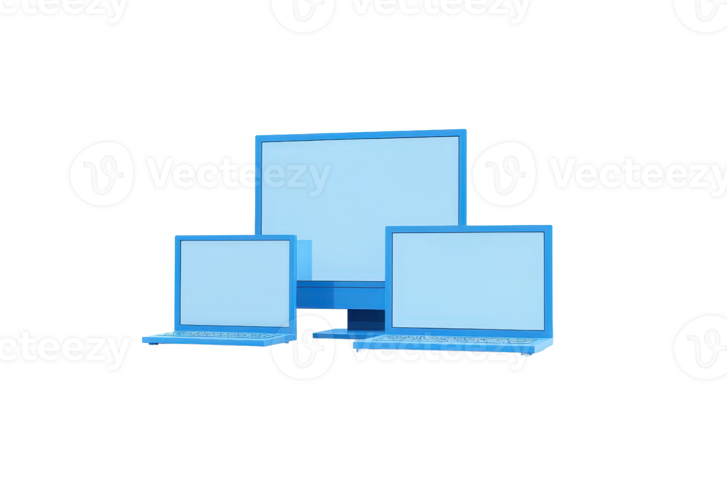 Three blue computer screens of varying sizes arranged together. png