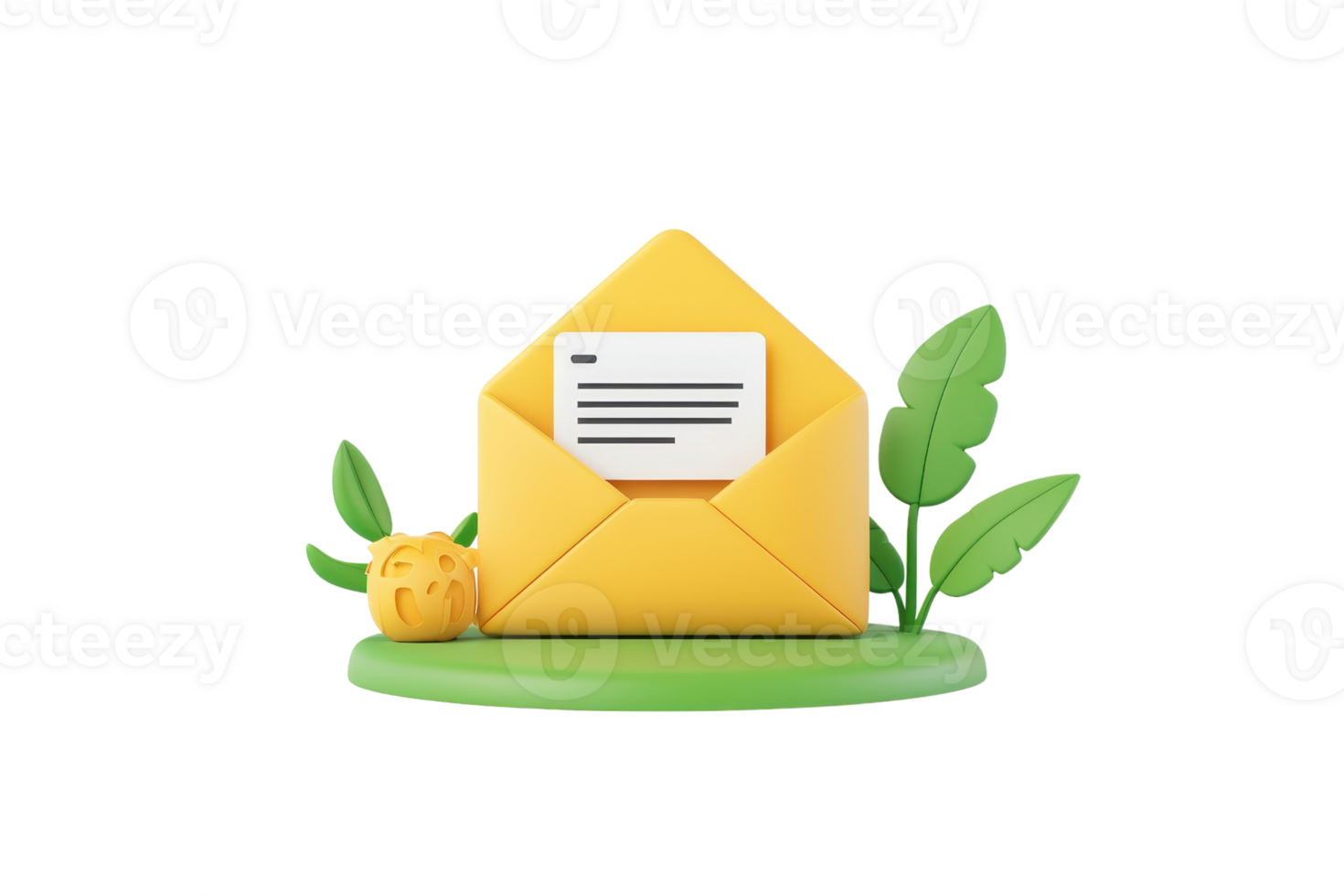 A vibrant yellow envelope with a white letter peeking out, accompanied by green leaves and a small decorative item. png