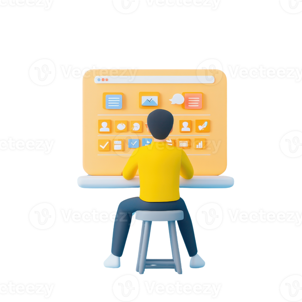 A digital illustration of a person seated at a desk, engaged with a large screen displaying various application icons and data. png