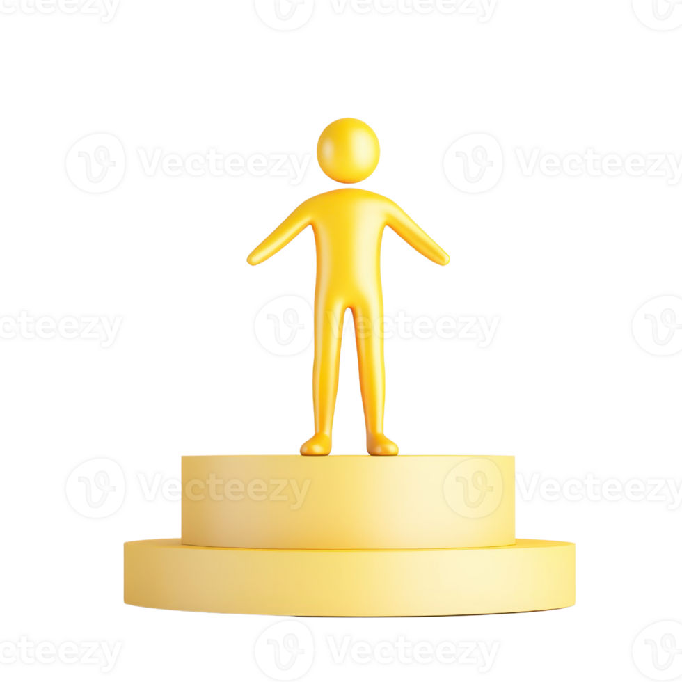 A yellow figurine stands confidently on a circular podium, symbolizing achievement and success. png