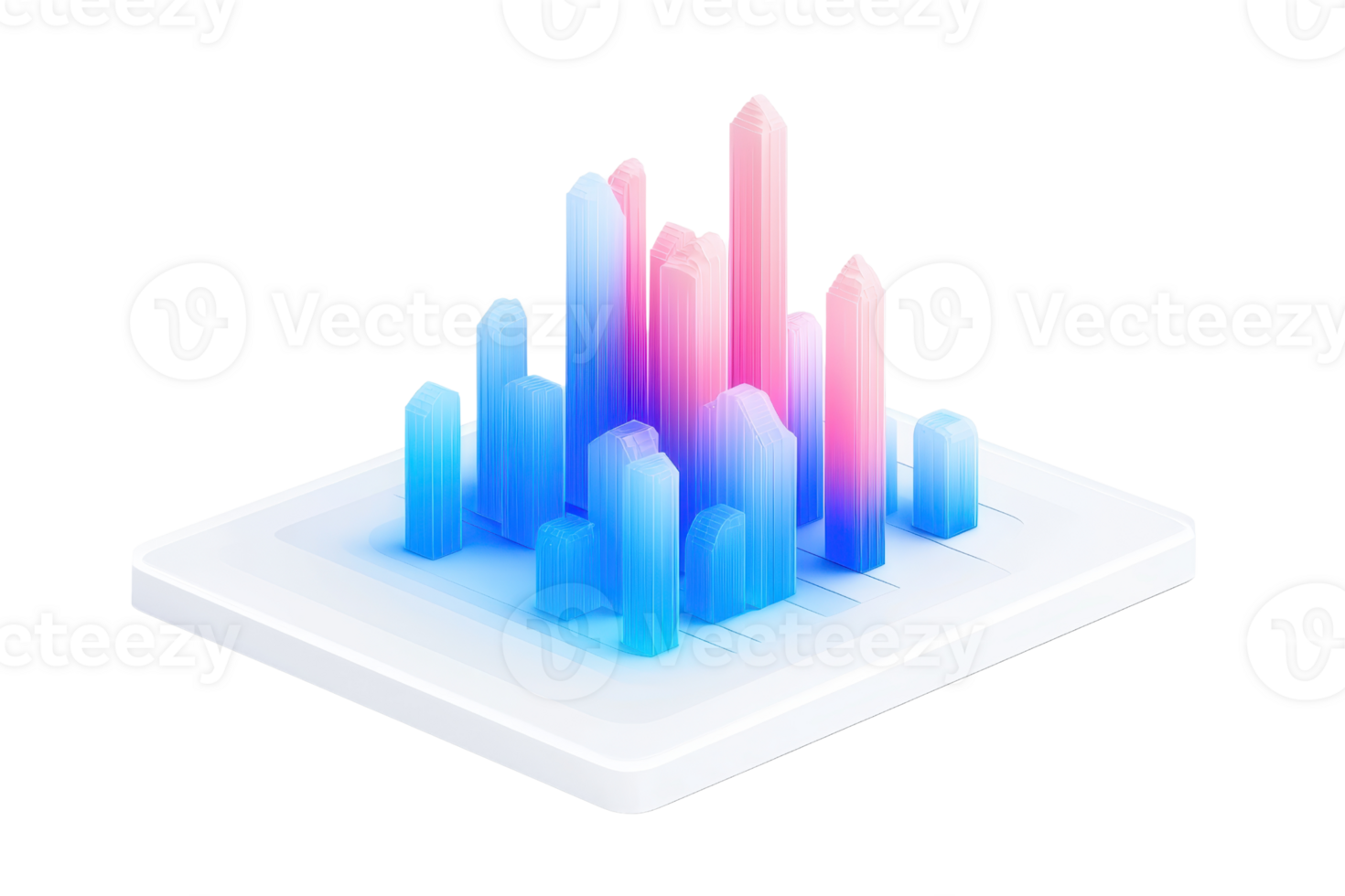 A vibrant arrangement of multicolored crystals rising from a white base, showcasing various heights and a gradient of colors. png