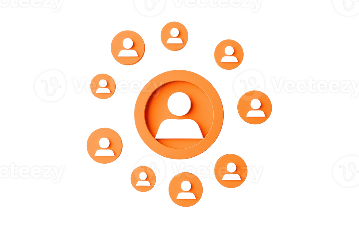 A circular arrangement of orange user icons, highlighting a central figure, representing communication and social connections. png