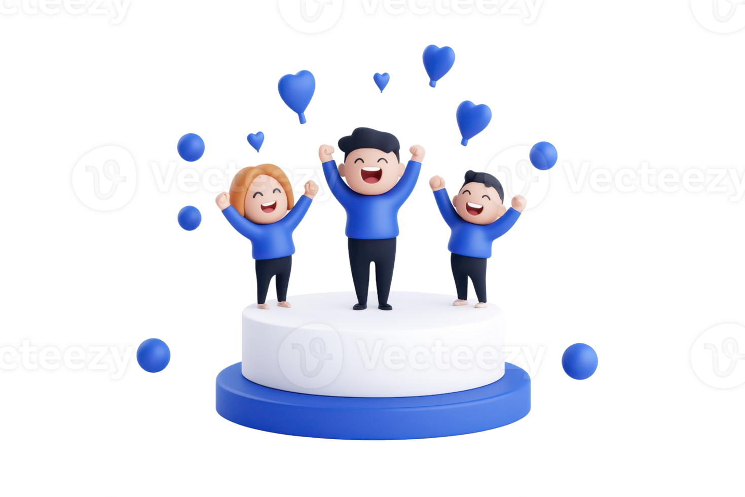 Three cheerful cartoon characters celebrate joyfully on a pedestal, surrounded by blue hearts and balloons. png