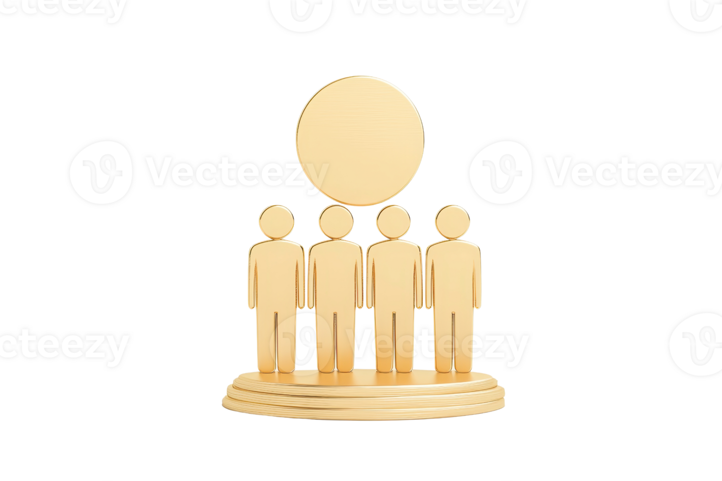 A golden figurine group representing teamwork or collaboration, positioned on a circular base with a singular circle above. png