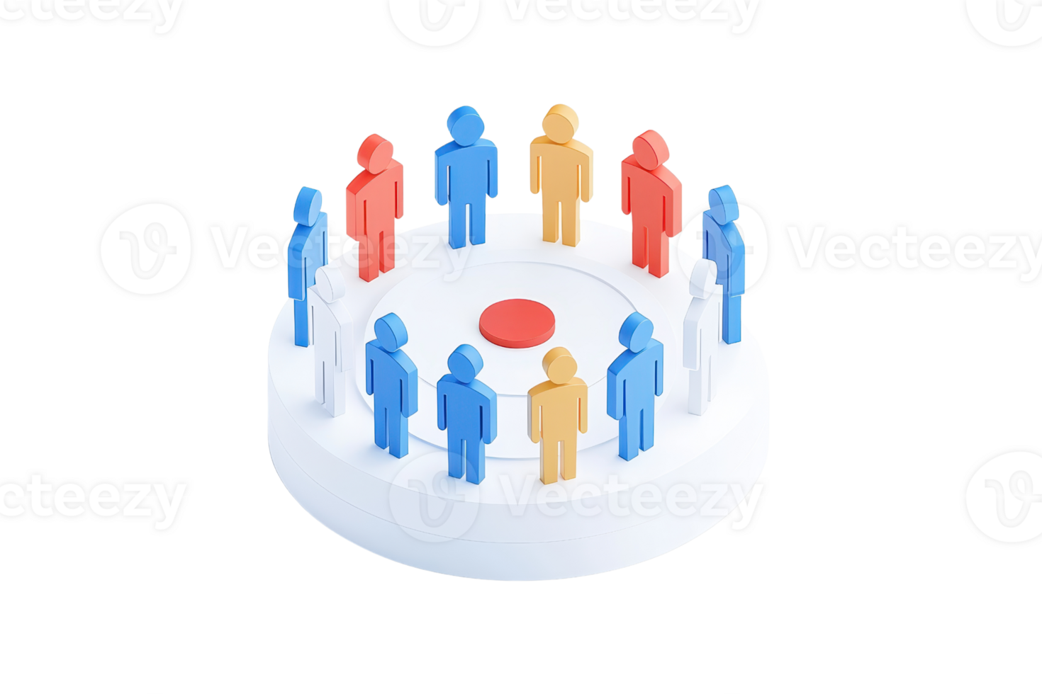 A circular arrangement of colorful figures representing diversity and teamwork, centered around a red point. png