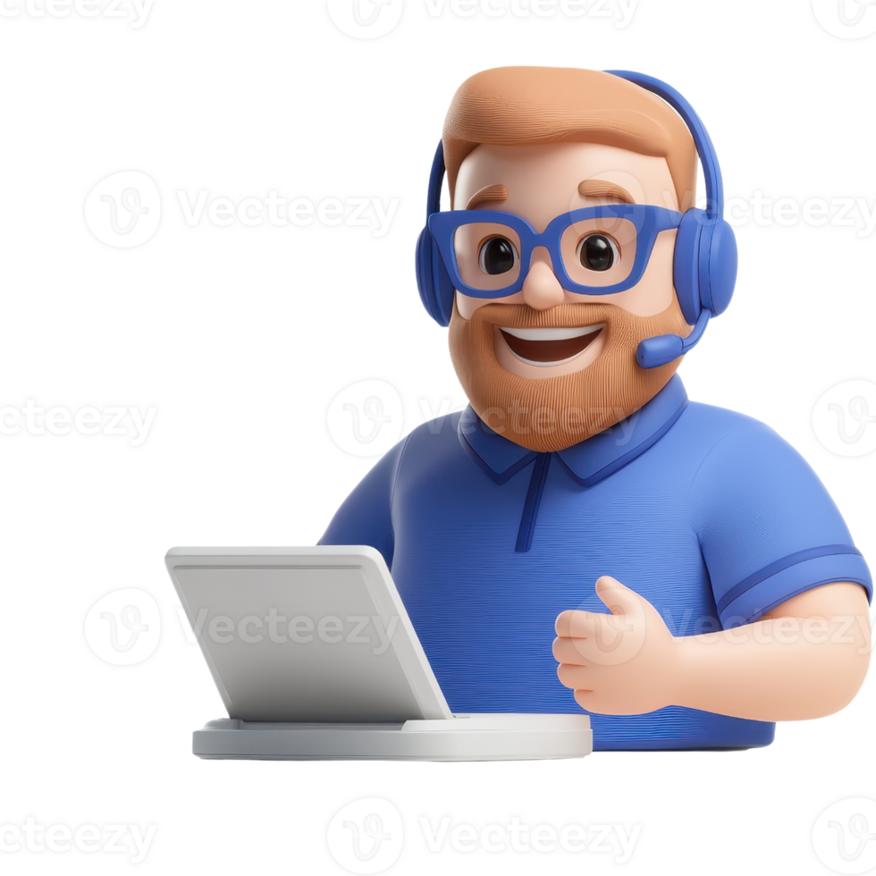 A cheerful character wearing glasses and a headset, sitting at a desk with a tablet, giving a thumbs-up. png