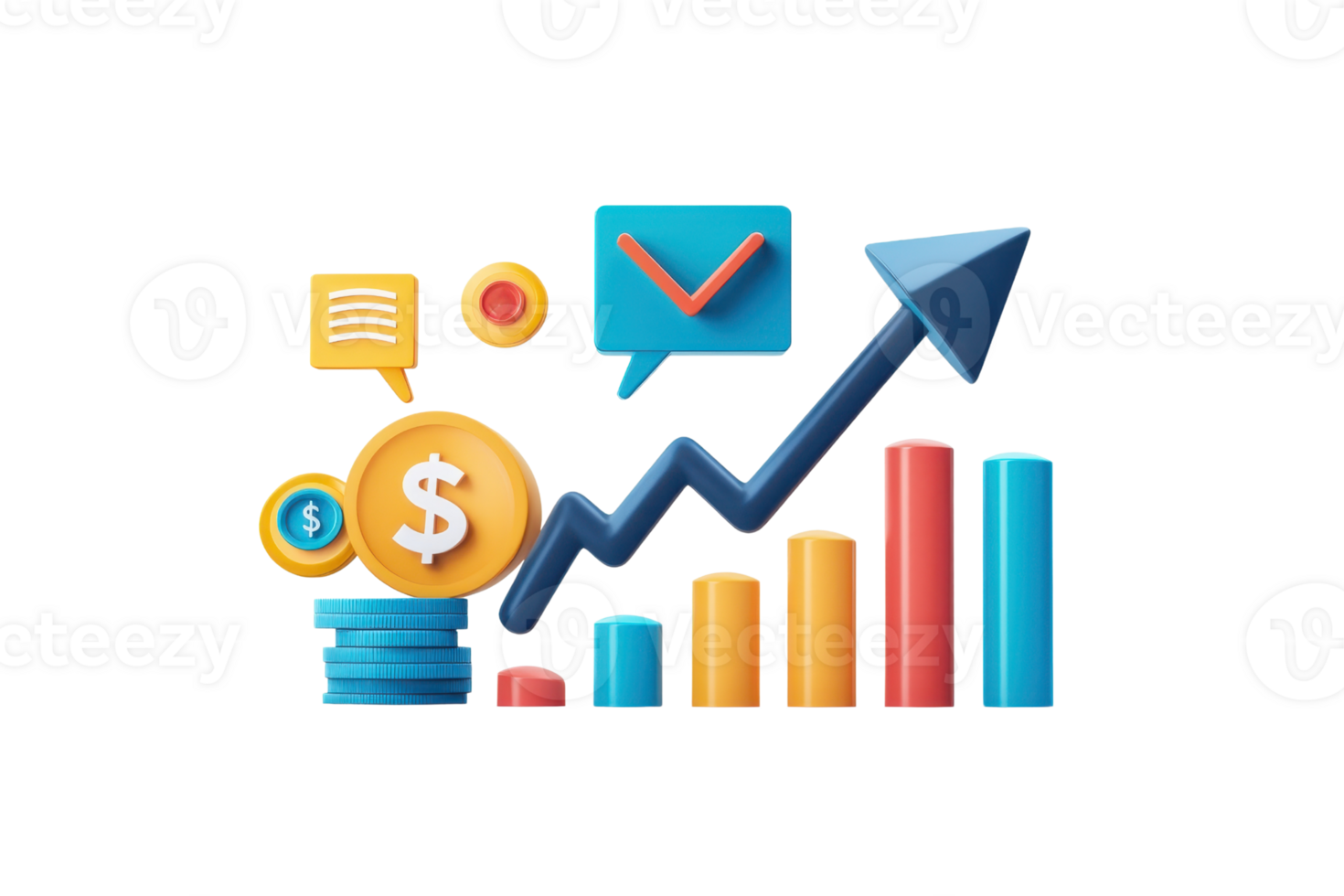 A colorful graphic depicting financial growth with charts, dollar symbols, and communication icons. png