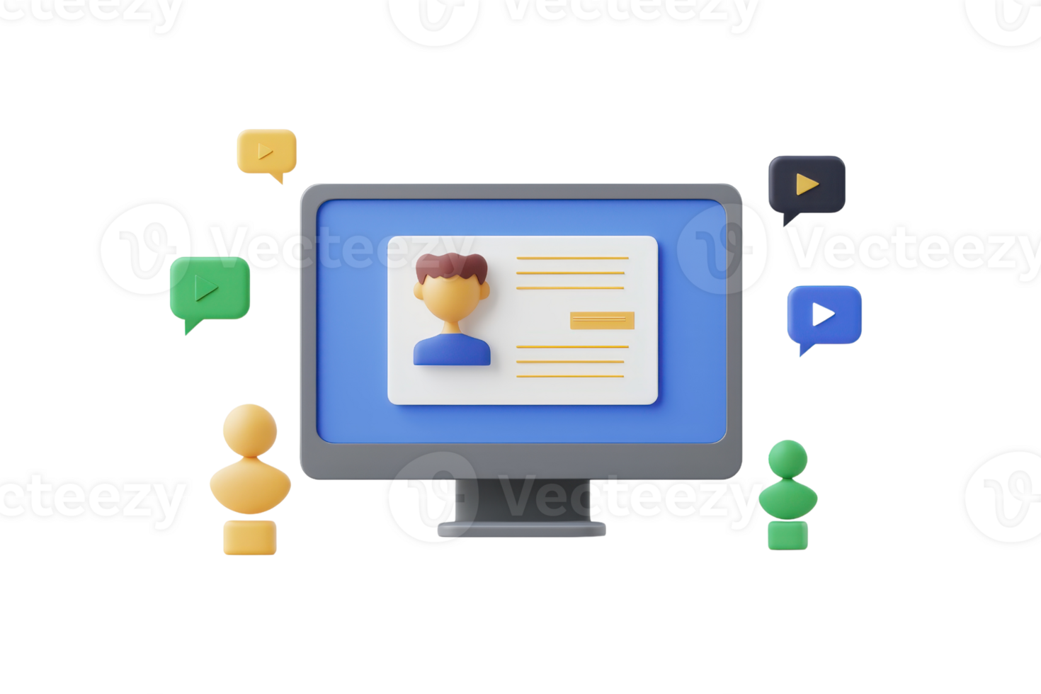 A computer screen displaying a user profile with social interaction icons surrounding it. png