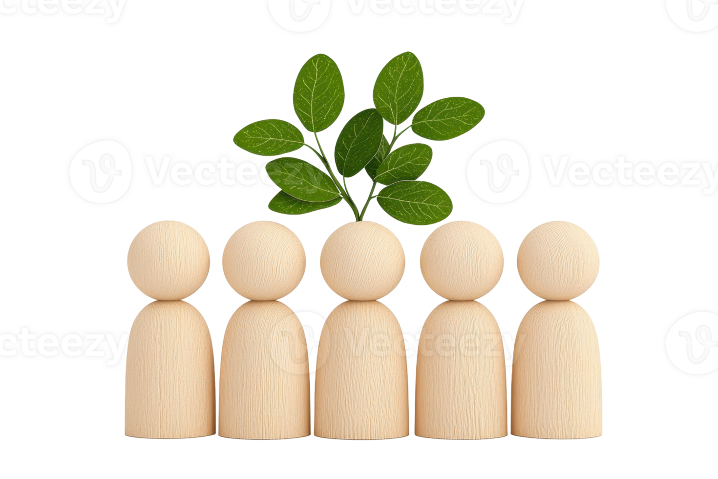 A group of wooden figures stands in a line, with green leaves emerging from the top of the central figure, symbolizing growth and unity. png