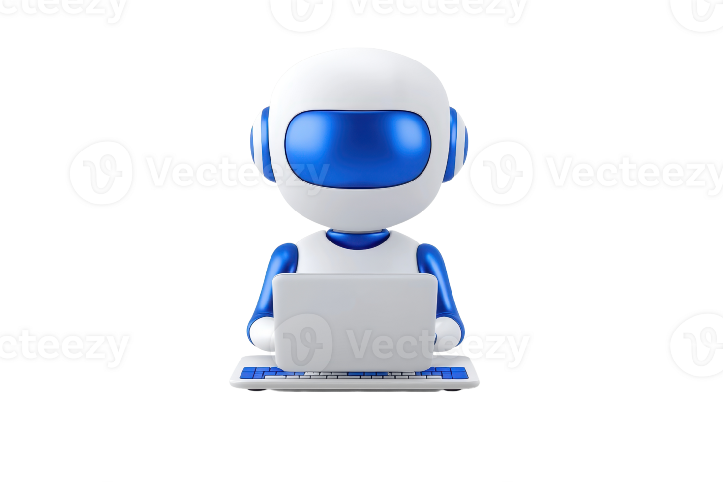 A friendly robot character with a laptop, showcasing a modern design in blue and white colors. png