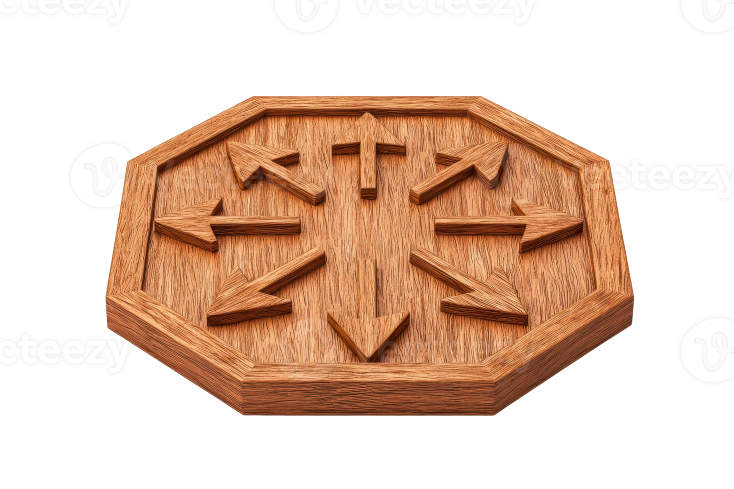 A carved wooden plaque displaying multiple directional arrows arranged symmetrically. png