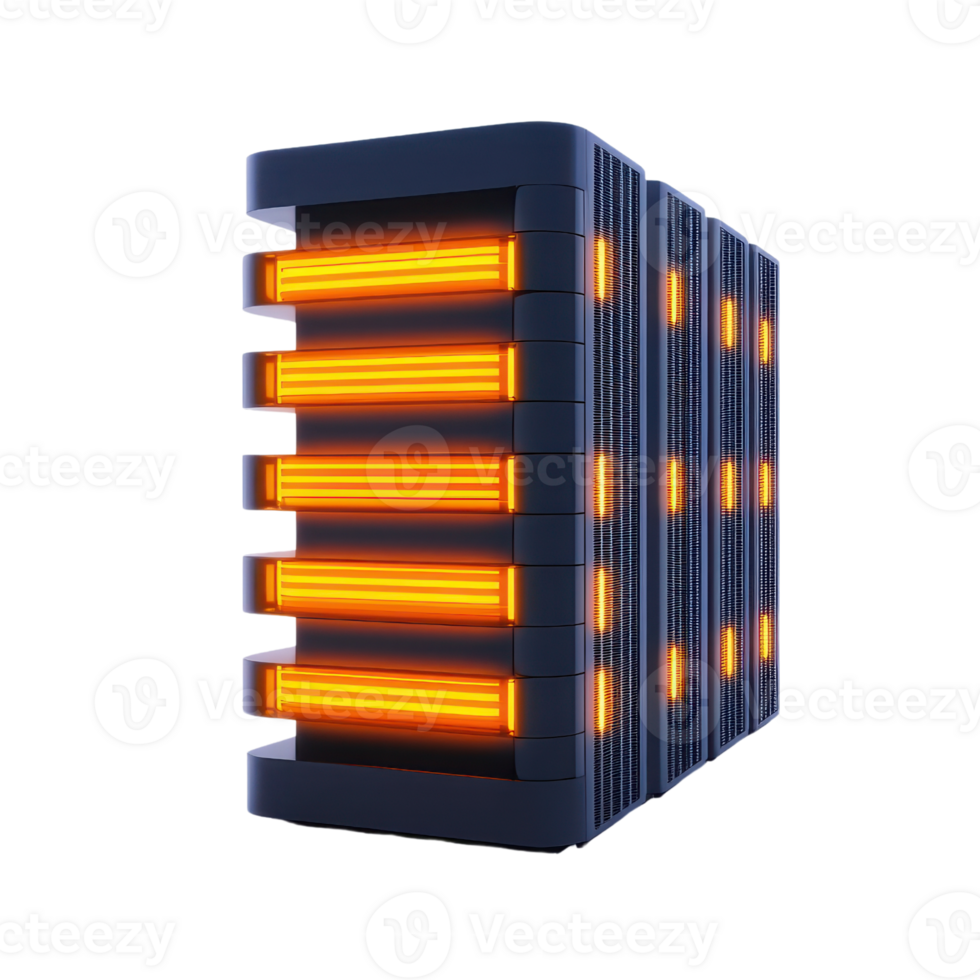 A modern storage device with glowing orange elements, showcasing a sleek design and multiple stacked layers. png