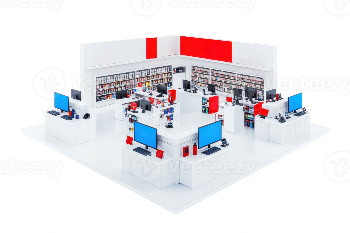 A modern retail space featuring multiple workstations equipped with computers and shelves displaying various products. png