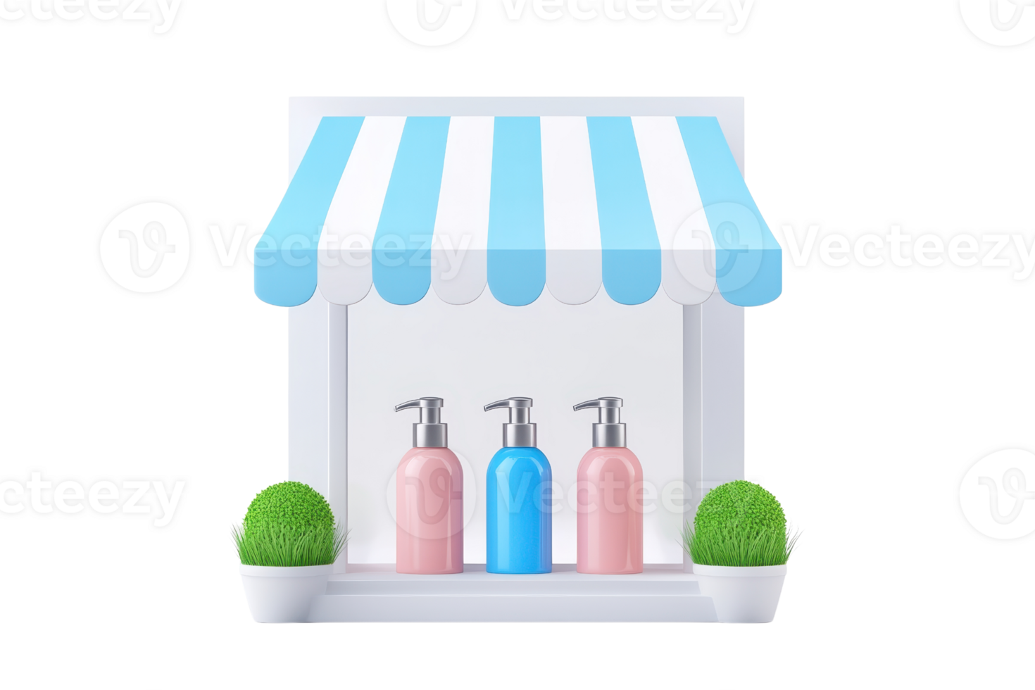 A colorful display featuring three pump bottles in pink, blue, and a white setting with green accents, resembling a small shopfront. png