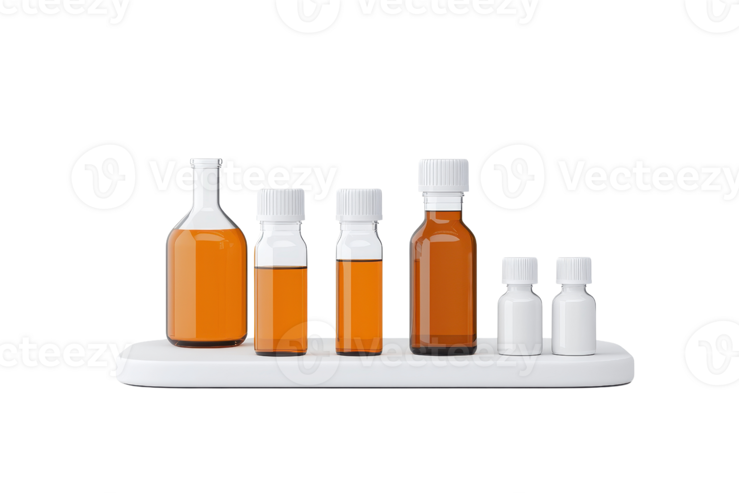 A collection of various bottles filled with amber liquid, arranged neatly on a white holder. png