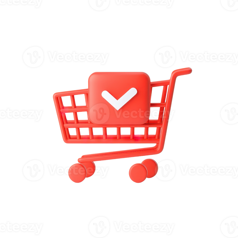 A red shopping cart featuring a checkmark icon, symbolizing successful purchases or completed shopping tasks. png