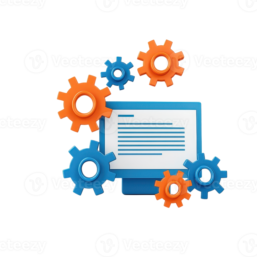 A computer screen surrounded by colorful gears, symbolizing technology, settings, and automation in a modern digital context. png