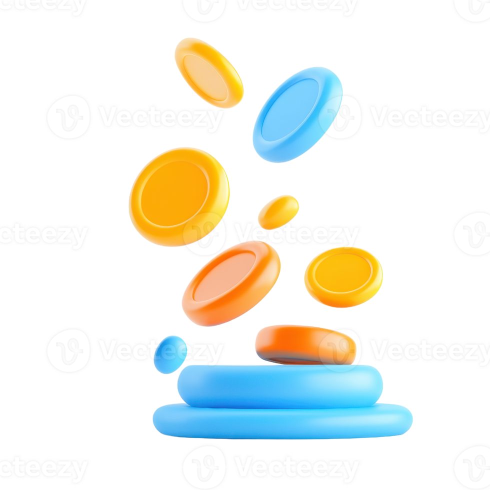 Colorful coins in various sizes are stacked and floating, creating a dynamic and playful visual effect. png