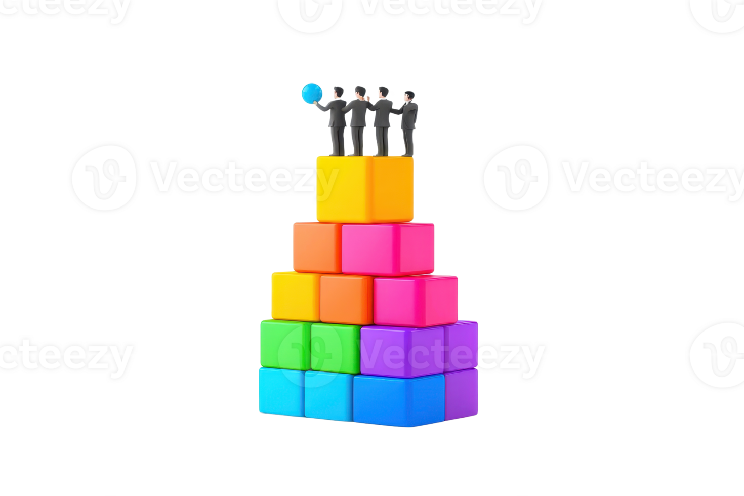 A group of figures stands atop a colorful tower of blocks, symbolizing teamwork and achievement. png