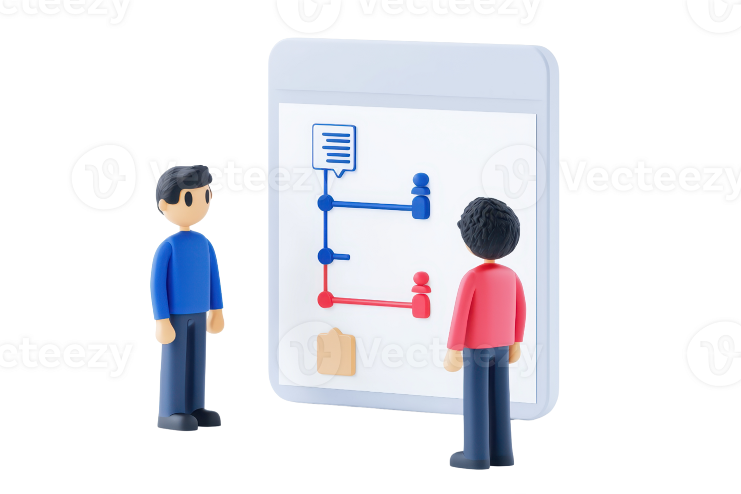 Two figures discussing a diagram showing connections and data flow, highlighting interaction and collaboration. png