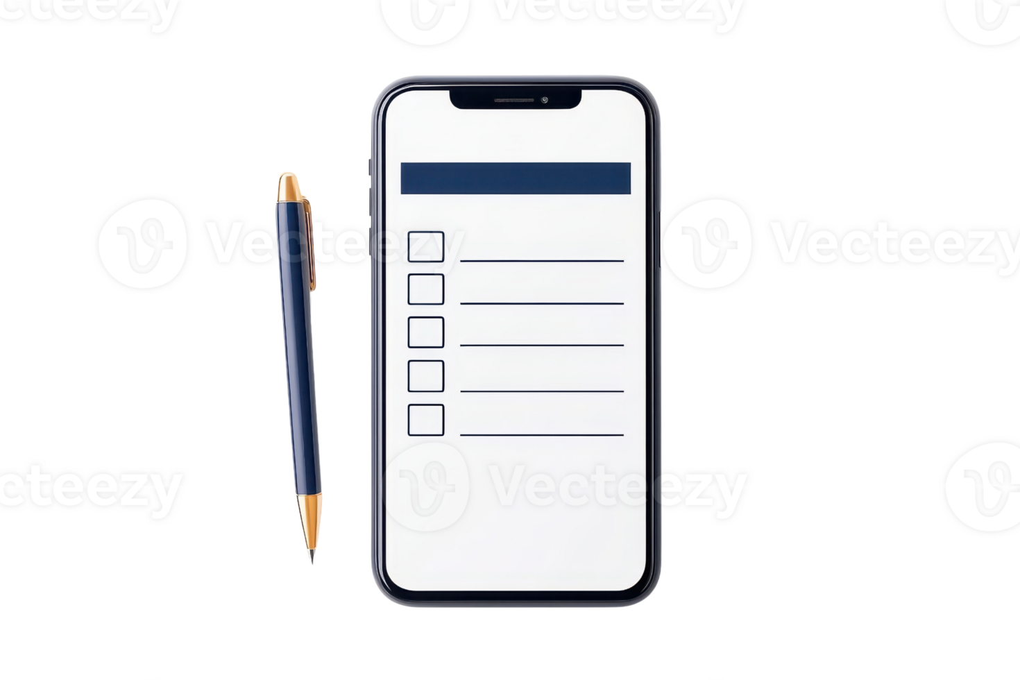 A smartphone displaying a checklist with empty boxes beside a blue pen. png